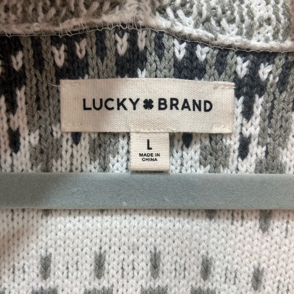 Lucky Brand Gray Striped Shawl Collar Cardigan Women Sz L‎ Boho Cozycore Comfort